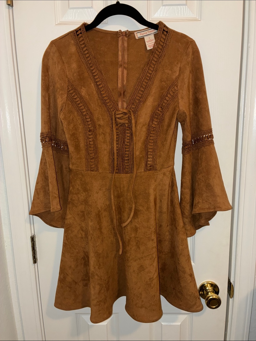 Vintage Flying Tomato faux Suede Lace-Up Bell Sleeve Dress